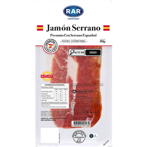 Presunto Cru Jamón Serrano Espanhol cartela 80g